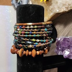 Bohemian wooden and coiled bracelets and cuff.